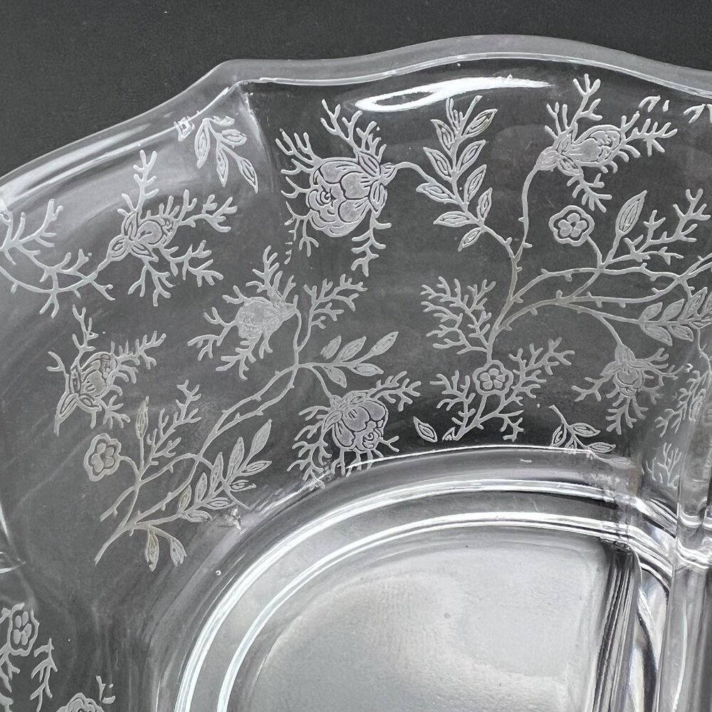Vintage Fostoria Baroque Navarre Etched Glass Divided Serving Dish Floral Design - Picture 7 of 15